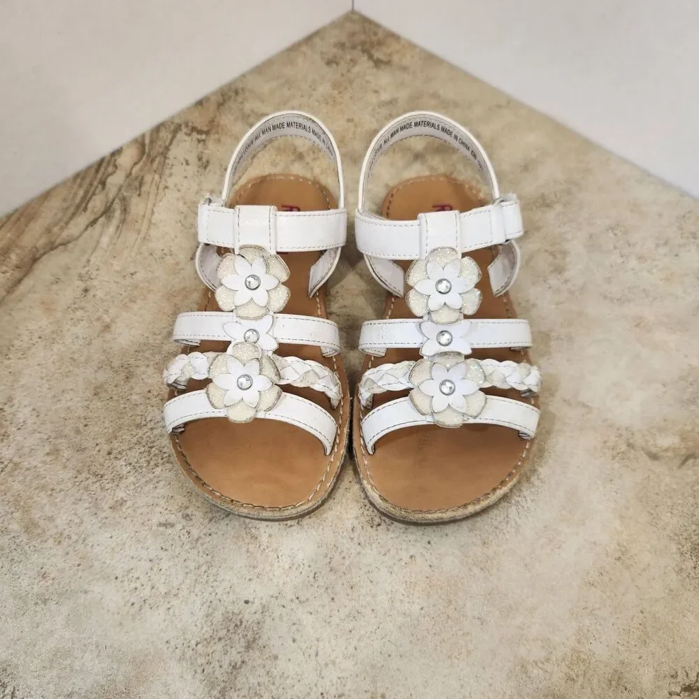 Rachel Shoes Girls US 10M White Strappy Sandals Flower Braided Hook & Loop
